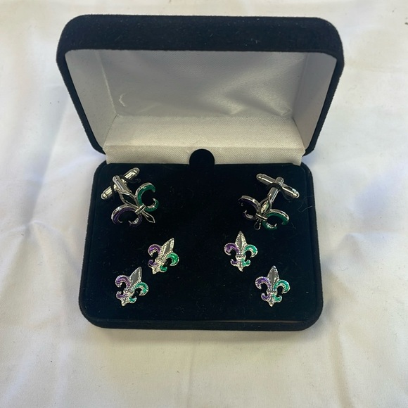 Mardi Gras Colored Fleur de Lis Cufflinks and Studs Set New Silver Trim - Picture 1 of 1